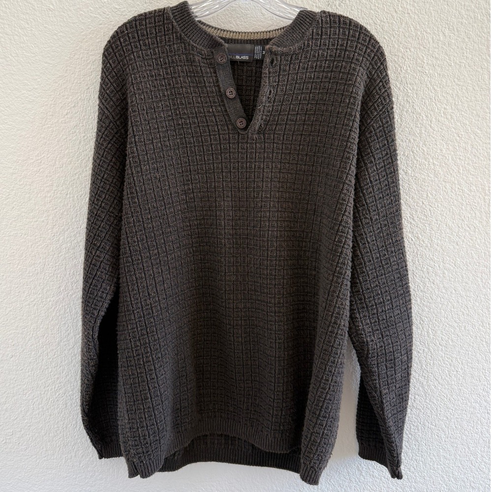 Bill Blass Mens Waffle Knit Cotton Henley Sweater Brown Made in USA M